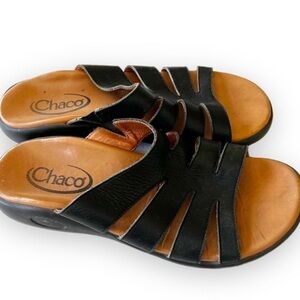 Chaco Women’s Black Leather Slide Sandals Size 10 Comfort Footbed Beach Shoe